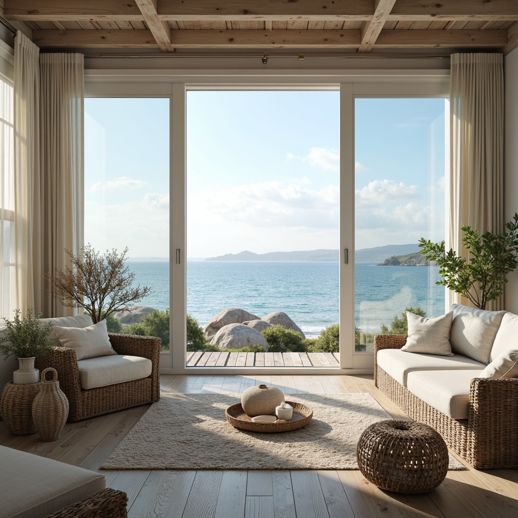 Prompt: Coastal cottage, calming ocean views, soothing blue hues, creamy whites, sandy neutrals, weathered wood accents, natural textiles, woven sea grass, driftwood decorations, vintage nautical elements, soft morning light, gentle sea breeze, shallow depth of field, 1/2 composition, warm atmospheric perspective, subtle color gradations.