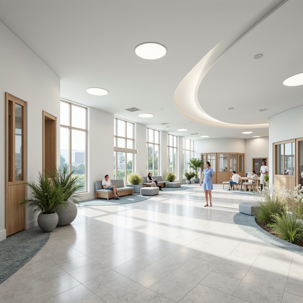 Prompt: Modern hospital interior, sterile white walls, polished floors, natural light, open waiting areas, comfortable seating, calm atmosphere, circular nurse stations, private patient rooms, large windows, warm wood accents, minimalist decor, soft pastel colors, gentle lighting, subtle textures, shallow depth of field, 1/1 composition, realistic renderings, ambient occlusion.