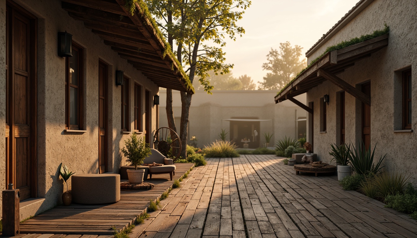 Prompt: Weathered wooden planks, earthy brown tones, rusty metal accents, vintage farmhouse charm, distressed textures, warm beige hues, natural stone walls, moss-covered roofs, soft sunset lighting, misty atmosphere, 1/1 composition, shallow depth of field, realistic wood grain, ambient occlusion.