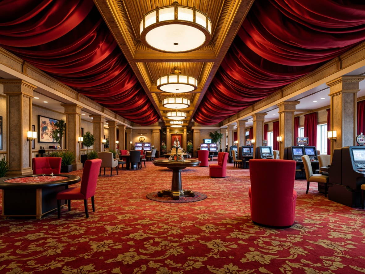 Prompt: Richly ornate casino interior, luxurious velvet drapes, intricately patterned carpets, polished brass fixtures, ornamental chandeliers, lavish furnishings, bold red and gold accents, opulent marble columns, intricate moldings, warm golden lighting, shallow depth of field, 1/2 composition, realistic textures, ambient occlusion.