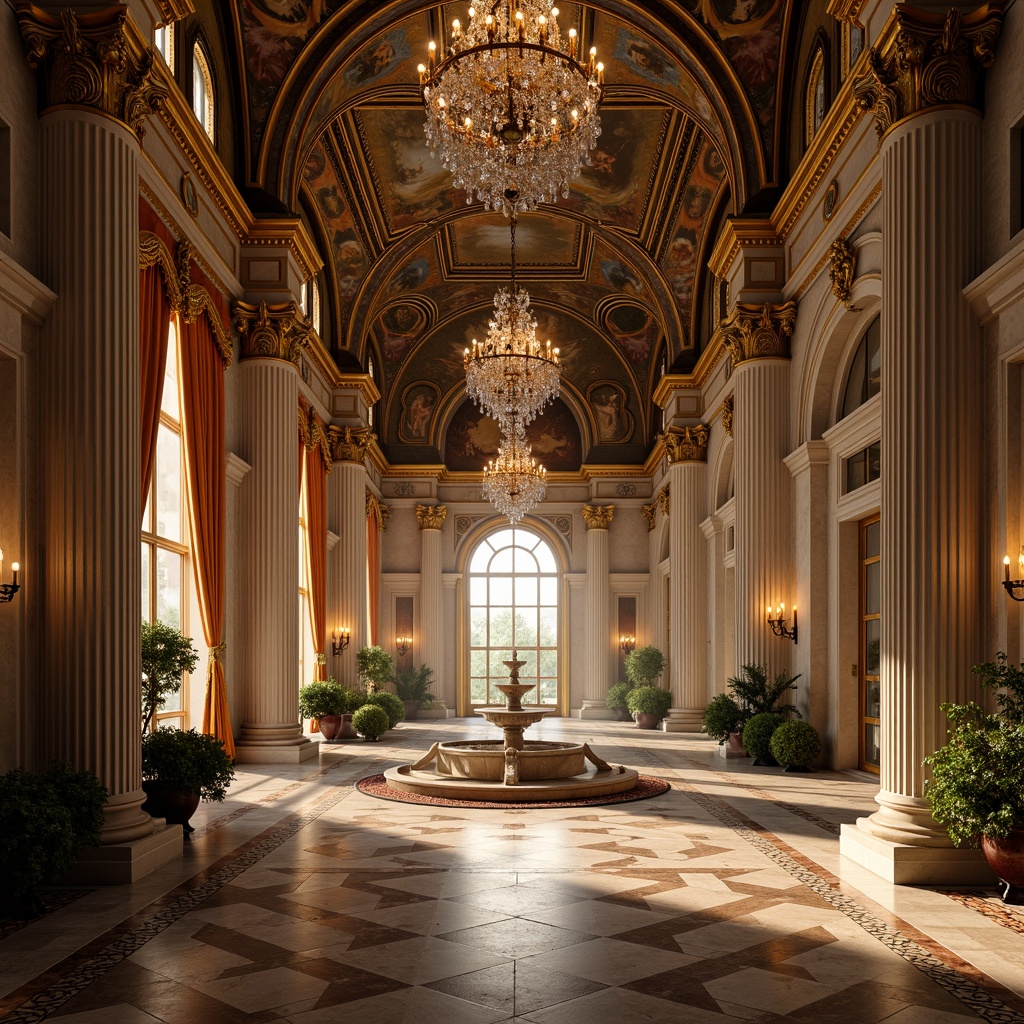 Prompt: Grand Renaissance-style palace, ornate Baroque details, lavish chandeliers, crystal prisms, warm golden lighting, soft candle glow, intricate fresco ceilings, rich velvet drapes, majestic marble columns, ornamental fountain, serene courtyard, warm afternoon sunlight, dramatic shadows, high contrast ratio, 1/1 composition, atmospheric perspective, realistic reflections, ambient occlusion.