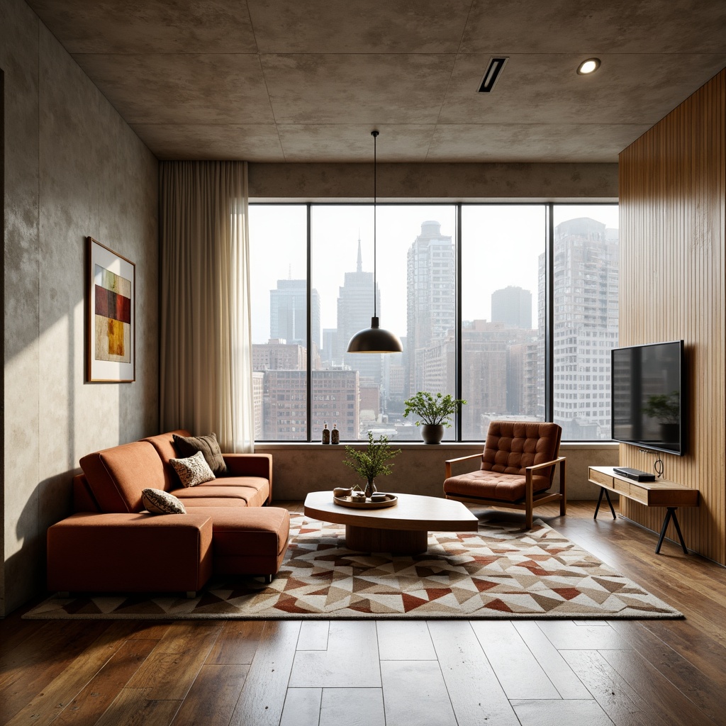 Prompt: Mid-century modern living room, sleek low-profile sofa, tufted velvet armchair, geometric patterned rug, minimalist wooden coffee table, pendant lamp, floor-to-ceiling windows, natural light, urban cityscape view, industrial-chic concrete walls, warm beige tones, organic textures, 3/4 composition, softbox lighting, cinematic atmosphere, realistic reflections.