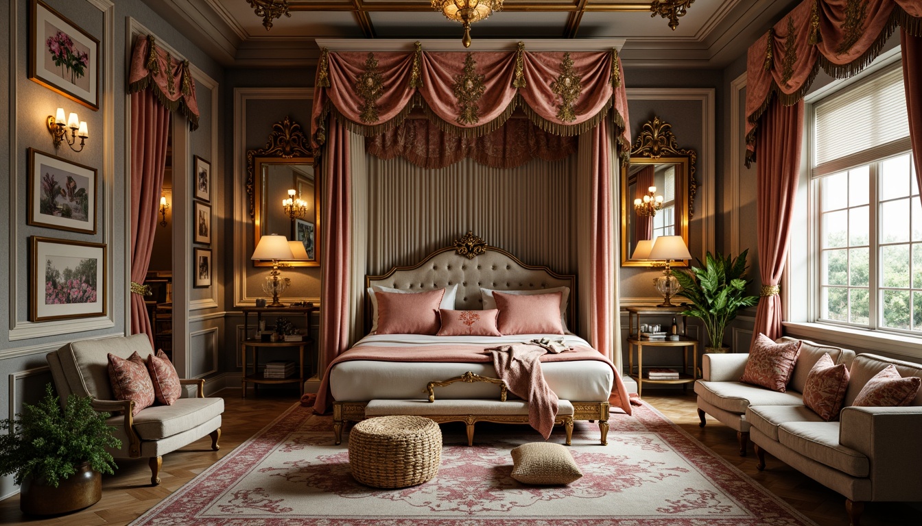 Prompt: Luxurious velvet fabrics, intricate gold embroidery, ornate silk brocades, delicate lace trimmings, soft pastel hues, opulent drapery, lavish tassels, extravagant furnishings, Baroque-inspired patterns, rich jewel-toned colors, sumptuous upholstery, elegant curvaceous lines, ornamental mirrors, crystal chandeliers, warm candlelight, intimate ambiance, cozy seating areas, luxurious bedding, elaborate canopy designs.