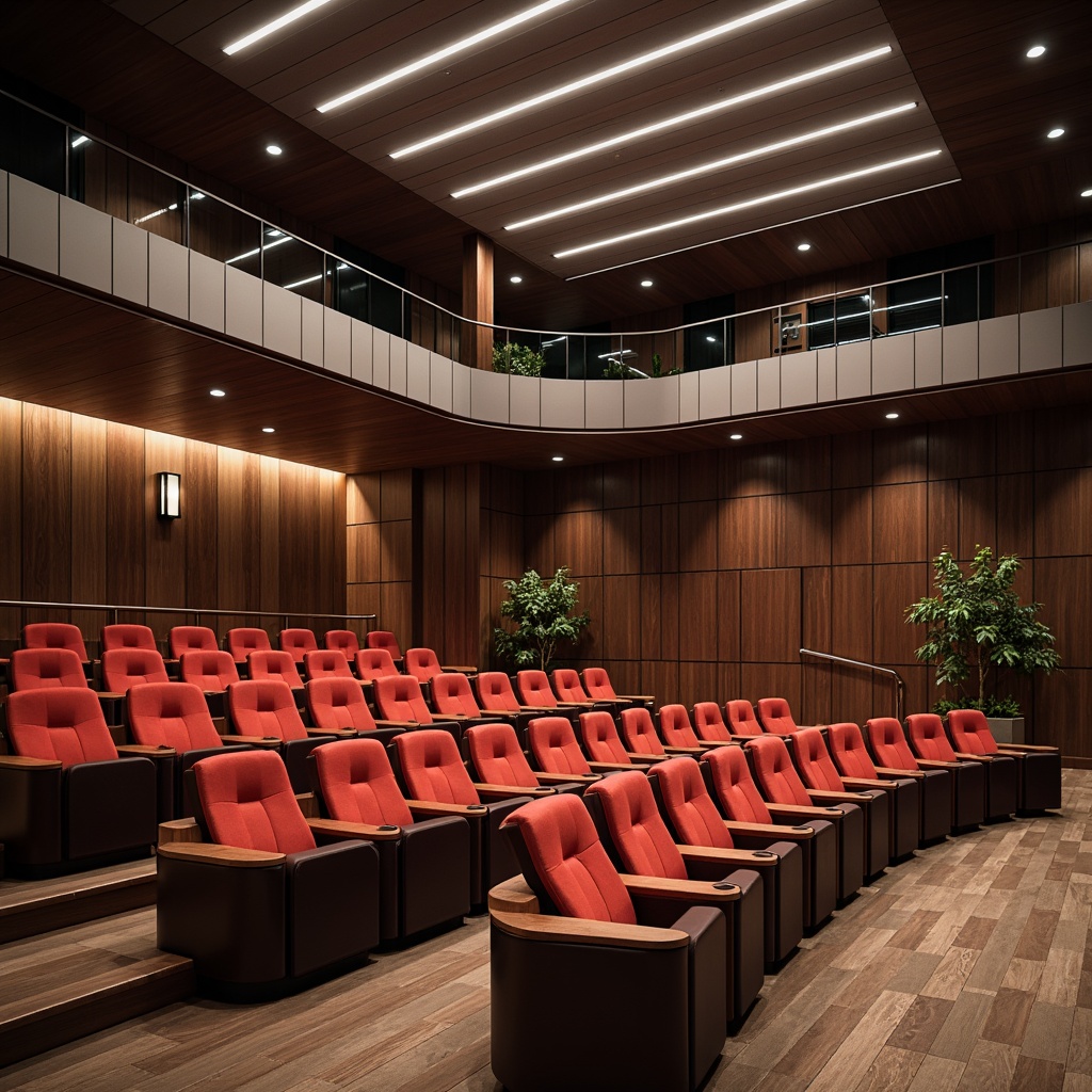 Prompt: Streamlined auditorium, polished chrome accents, rich walnut wood paneling, velvety soft upholstery, luxurious silk fabrics, metallic silver ceilings, minimalist LED lighting, sleek glass railings, dark-stained wooden floors, curved geometric shapes, 3/4 composition, shallow depth of field, cinematic lighting, realistic textures, ambient occlusion.