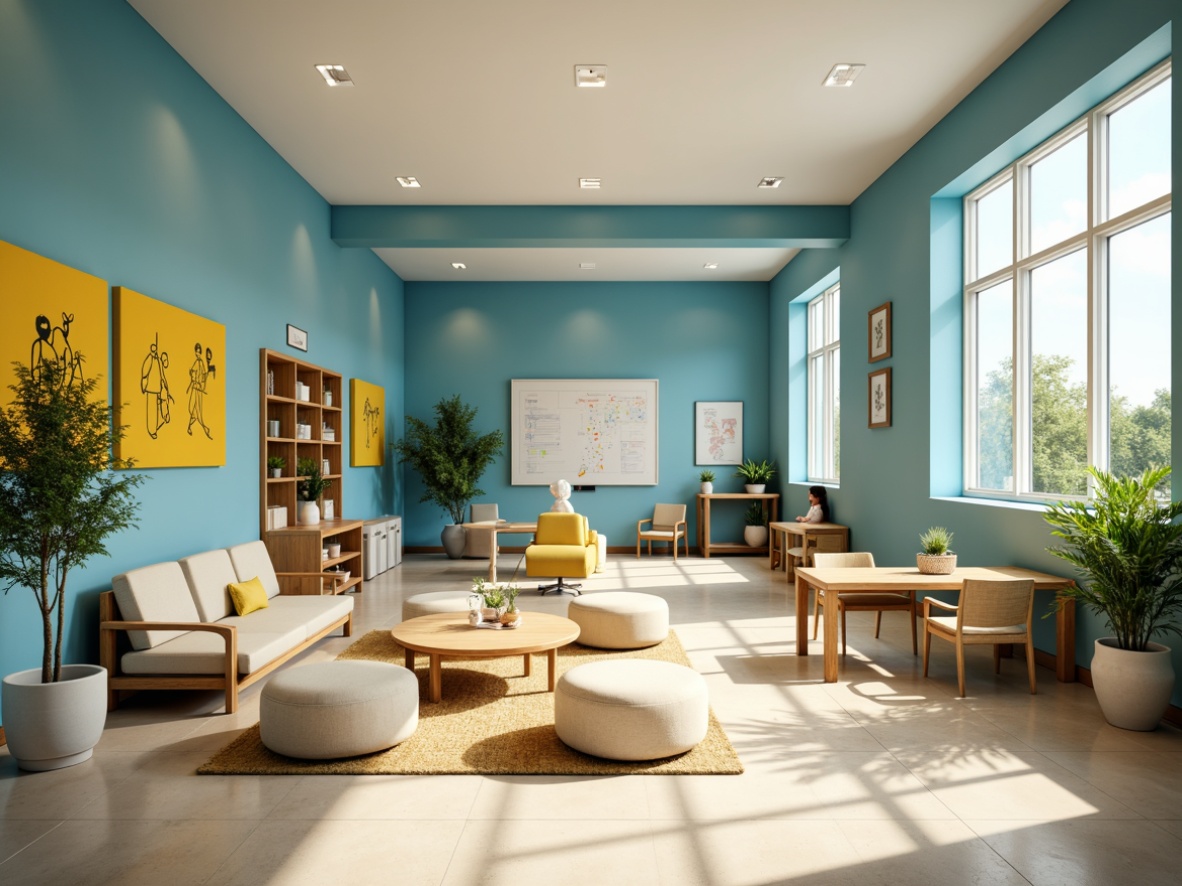 Prompt: Vibrant learning space, calming blue walls, soft cream furniture, natural wood accents, uplifting yellow decorations, inspiring greenery, warm beige floors, comfortable seating areas, educational charts, interactive whiteboards, modern minimalistic design, abundant natural light, gentle shadows, shallow depth of field, 1/1 composition, realistic textures, ambient occlusion.