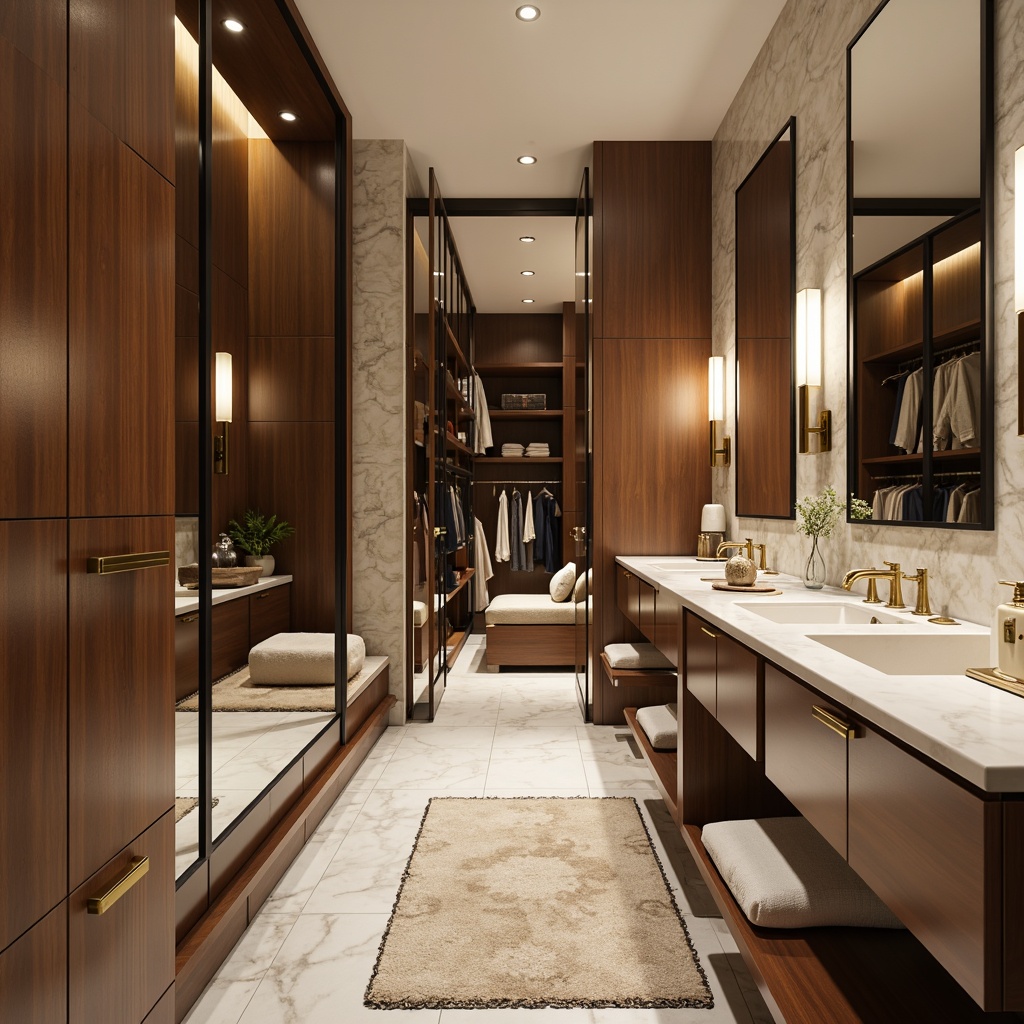 Prompt: Luxurious powder room, sleek modern design, streamline furniture, soft warm lighting, lavish marble countertops, ornate golden fixtures, spacious walk-in closet, floor-to-ceiling mirrors, elegant velvet drapes, plush area rugs, subtle fragrance diffusers, high-gloss finish, polished chrome hardware, sophisticated ambiance, shallow depth of field, 1/1 composition, realistic textures, ambient occlusion.