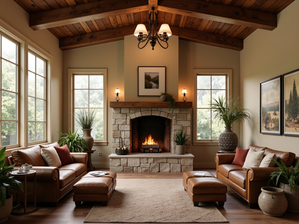 Prompt: Earthy Craftsman interior, warm beige walls, rich walnut wood accents, cozy leather furniture, natural stone fireplace, vintage metal lighting fixtures, soft sage greenery, creamy white trim, rustic wooden beams, plush area rugs, warm golden lighting, shallow depth of field, 1/1 composition, realistic textures, ambient occlusion.