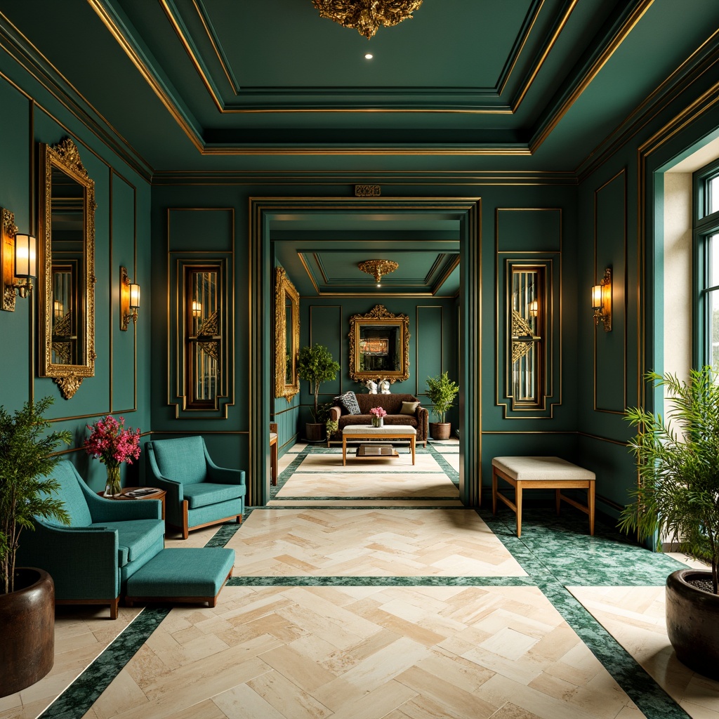 Prompt: Luxurious villa interior, Art Deco style, bold geometric patterns, metallic accents, rich jewel-toned colors, emerald green walls, navy blue ceilings, golden fixtures, creamy marble floors, ornate mirrors, lavish furnishings, velvet upholstery, subtle texture contrasts, warm ambient lighting, soft focus, 1/2 composition, atmospheric perspective, realistic reflections.