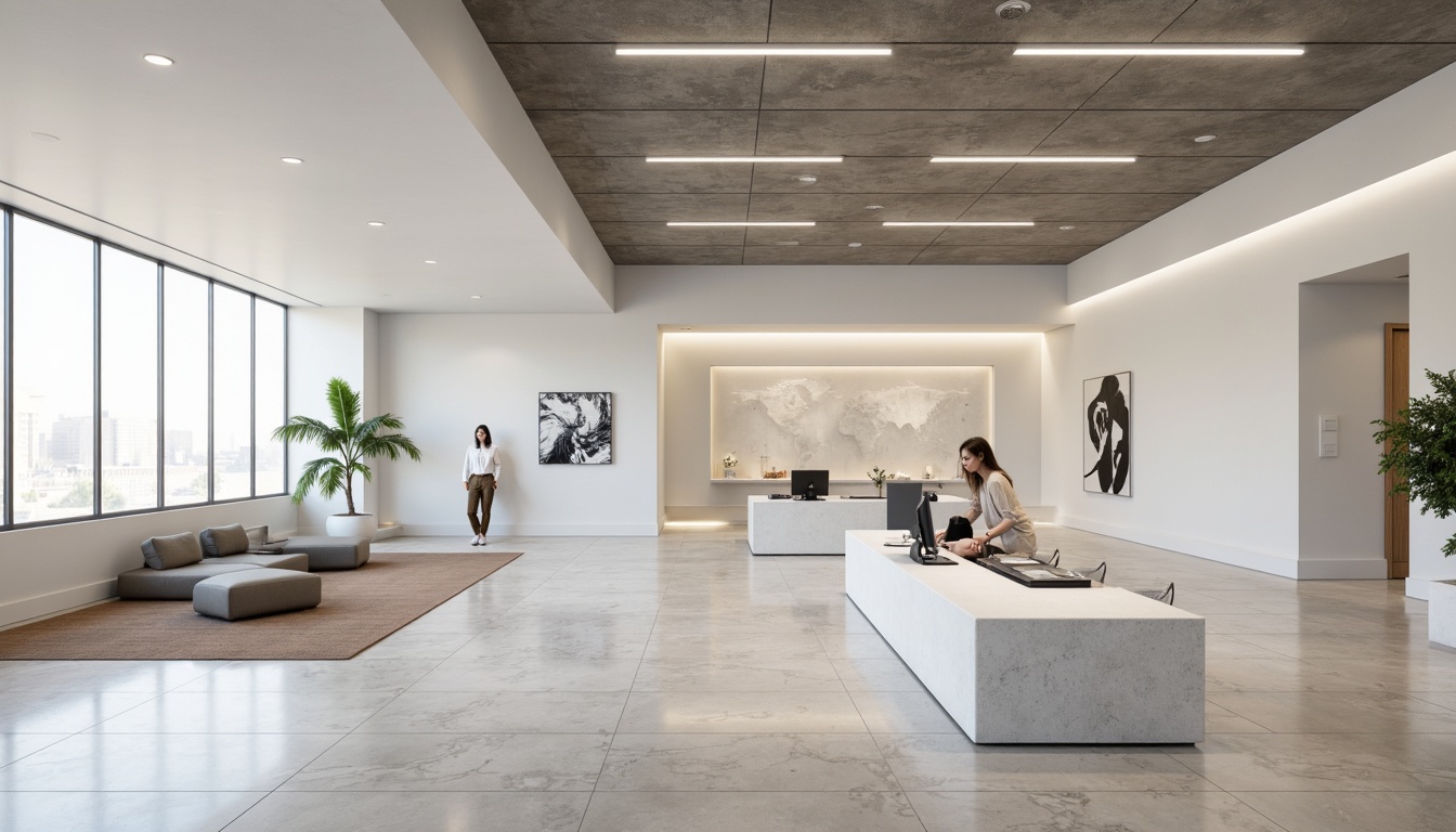 Prompt: Minimalist bank interior, open-plan layout, sleek lines, monochromatic color scheme, polished marble floors, sparse furniture arrangement, geometric-shaped desks, minimalist lighting fixtures, abstract artwork, neutral-toned walls, floor-to-ceiling windows, natural light infusion, subtle textures, 1-point perspective, low-angle shot, softbox lighting, realistic reflections, ambient occlusion.