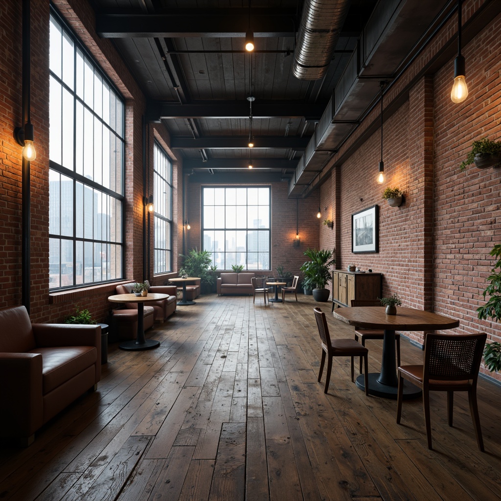 Prompt: Exposed brick walls, industrial metal beams, reclaimed wood floors, Edison bulb lighting, steel windows, urban cityscape views, converted warehouse spaces, minimalist decor, functional pipe fixtures, distressed leather furniture, vintage manufacturing equipment, neutral color palette, atmospheric fog, cinematic lighting, shallow depth of field, 1/1 composition, dramatic shadows, realistic textures.