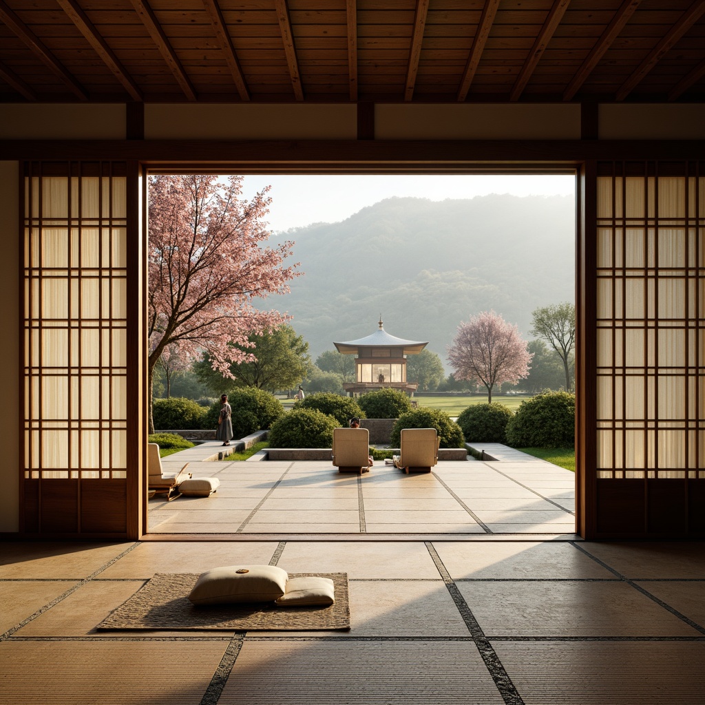 Prompt: Traditional Japanese tatami mats, rustic wooden accents, natural stone walls, curved lines, pagoda-inspired architecture, lantern-style lighting, sliding shoji screens, rice paper partitions, minimalist decor, earthy tones, subtle sheen, warm ambient glow, soft focus, 2/3 composition, atmospheric mist, serene landscape, lush greenery, blooming cherry blossoms.