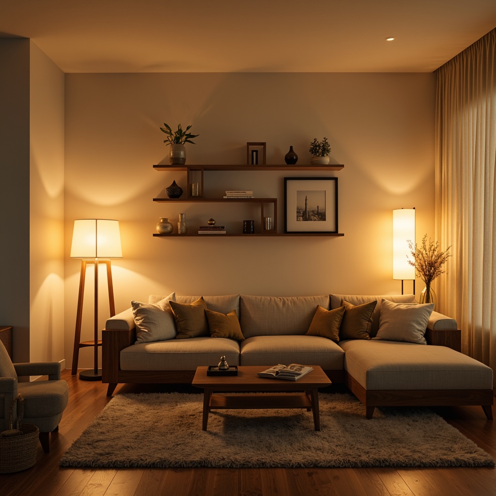 Prompt: Cozy living room, warm ambient glow, table lamps, floor lamps, softbox lights, LED strips, dimmable lighting, cream-colored walls, wooden furniture, plush area rugs, modern minimalist decor, functional task lighting, relaxing atmosphere, warm beige tones, subtle shadows, 1/1 composition, intimate setting, realistic textures, gentle color palette.