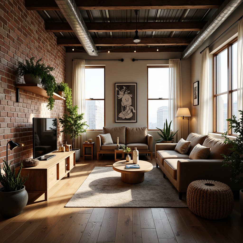 Prompt: Cozy loft apartment, high ceilings, industrial chic decor, metal beams, exposed brick walls, wooden floorboards, minimalistic furniture, urban modern ambiance, warm soft lighting, table lamps, floor lamps, string lights, pendant lights, LED strips, natural light pouring in through large windows, sheer white curtains, airy atmosphere, relaxed vibe, morning sunlight, gentle shadows, 1/1 composition, realistic textures, ambient occlusion.