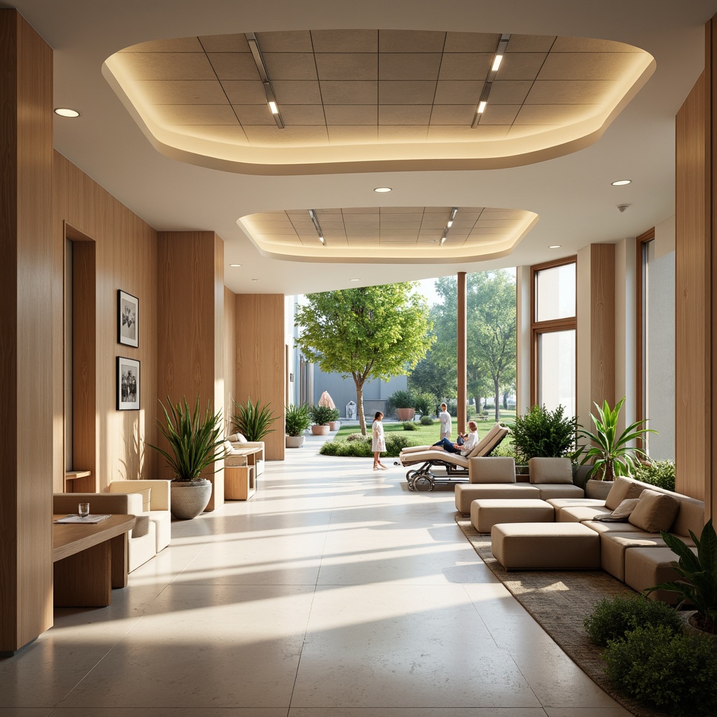 Prompt: Calming healthcare facility, soothing color palette, natural wood accents, comfortable seating areas, rounded edges, gentle curves, soft upholstery, warm lighting fixtures, acoustic ceiling tiles, sound-absorbing materials, minimalist decor, modern ergonomic furniture, adjustable hospital beds, sleek medical equipment, sanitary surfaces, non-slip flooring, wheelchair-accessible pathways, serene outdoor spaces, lush greenery views, natural stone features, organic shapes, 1/1 composition, softbox lighting, subtle textures, ambient occlusion.