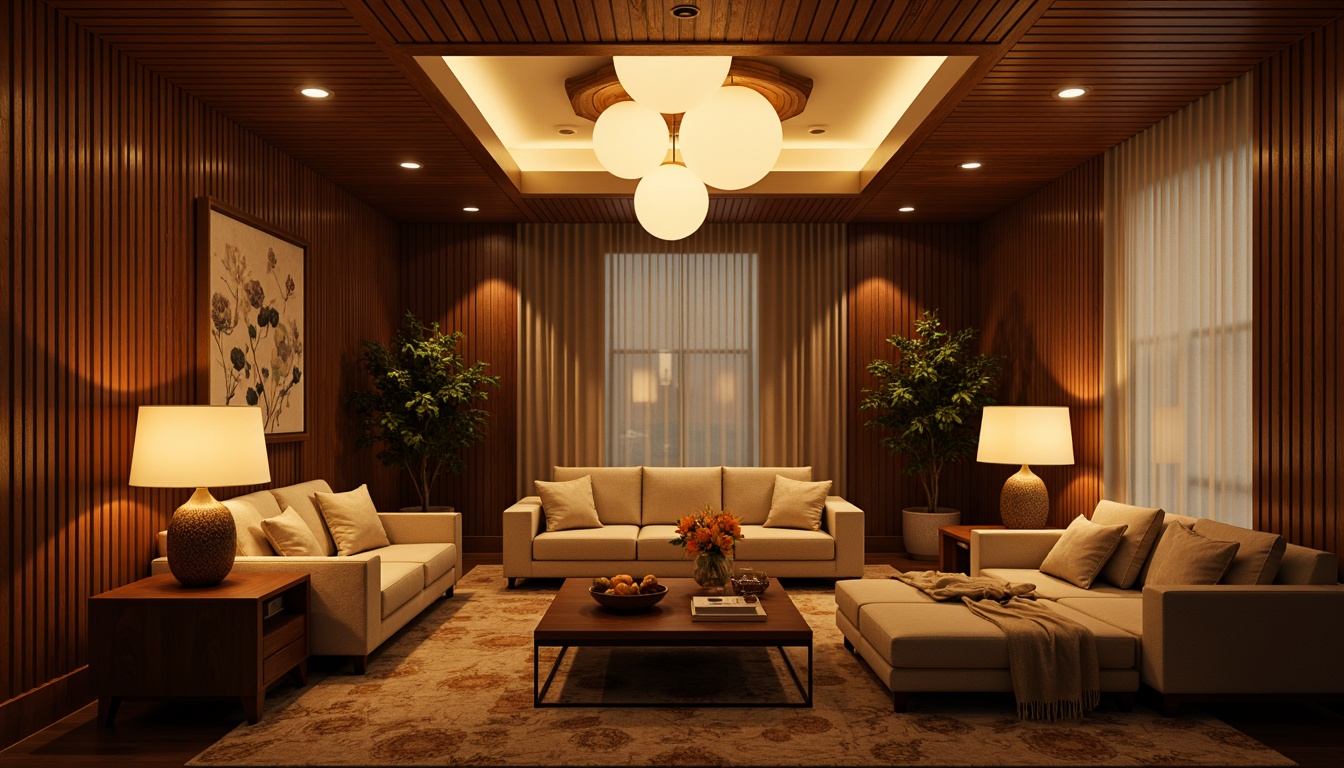 Prompt: Cozy living room, warm ambient lighting, table lamps, floor lamps, pendant lights, soft glowing orbs, creamy whites, rich woods, plush furnishings, comfortable seating, intimate gathering spaces, dramatic ceiling fixtures, layered lighting effects, warm golden tones, soft shadows, relaxed atmosphere, natural textures, earthy color palette, serene ambiance.