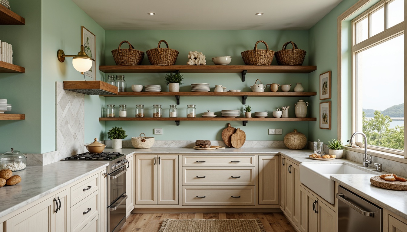 Prompt: Coastal pantry, soft ocean breeze, calming seafoam green walls, warm beige cabinetry, rustic wooden shelving units, wicker storage baskets, glass jars with nautical ropes, driftwood decorative accents, coral-inspired hardware, stainless steel appliances, natural stone countertops, distressed wood flooring, ambient coastal lighting, 1/2 composition, shallow depth of field, realistic textures.