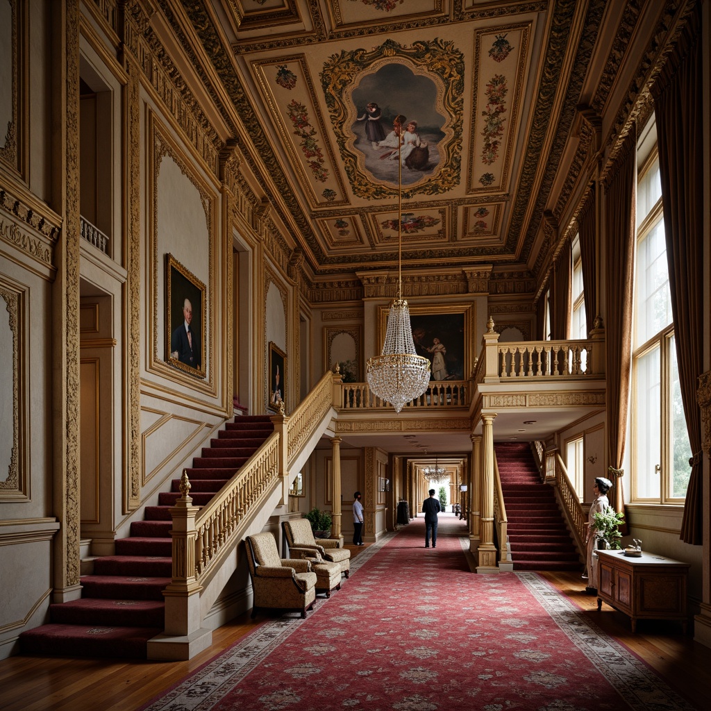 Prompt: Ornate museum interior, grand staircase, intricately carved banisters, gilded details, ornamental frescoes, crystal chandeliers, velvet drapes, lavish furnishings, antique artifacts, Baroque-inspired architecture, soft warm lighting, shallow depth of field, 1/2 composition, symmetrical framing, realistic textures, ambient occlusion.