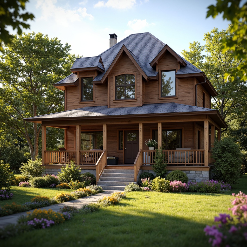 Prompt: Cozy traditional house, rustic wooden siding, earthy brown tones, natural stone foundations, pitched roofs, dormer windows, ornate trims, classic columns, inviting front porches, lush greenery, blooming flowers, warm sunny day, soft warm lighting, shallow depth of field, 3/4 composition, realistic textures, ambient occlusion.