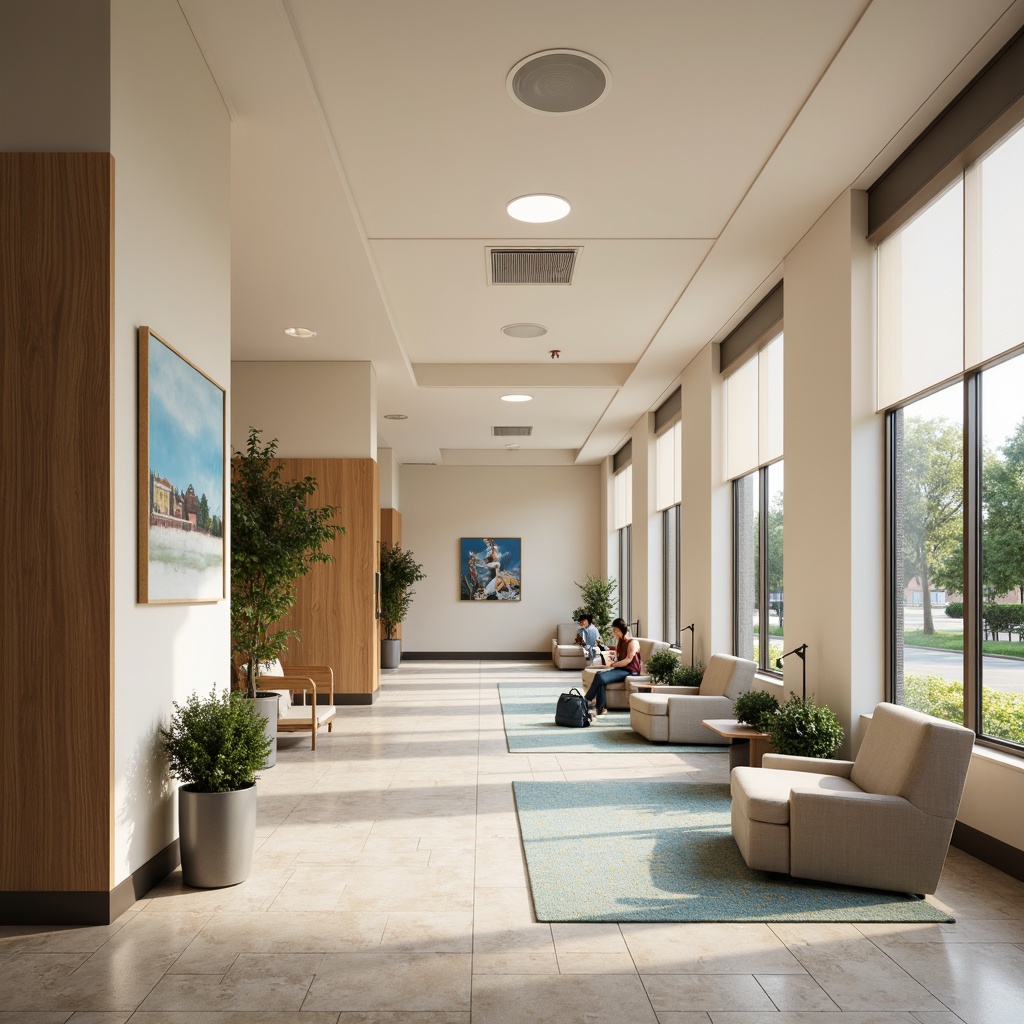 Prompt: Calming hospital interior, soft beige walls, soothing blue accents, warm wood tones, natural stone flooring, gentle greenery, comfortable seating areas, subtle patterned rugs, minimalist decor, calming artwork, softbox lighting, warm color temperature, shallow depth of field, 1/2 composition, realistic textures, ambient occlusion.