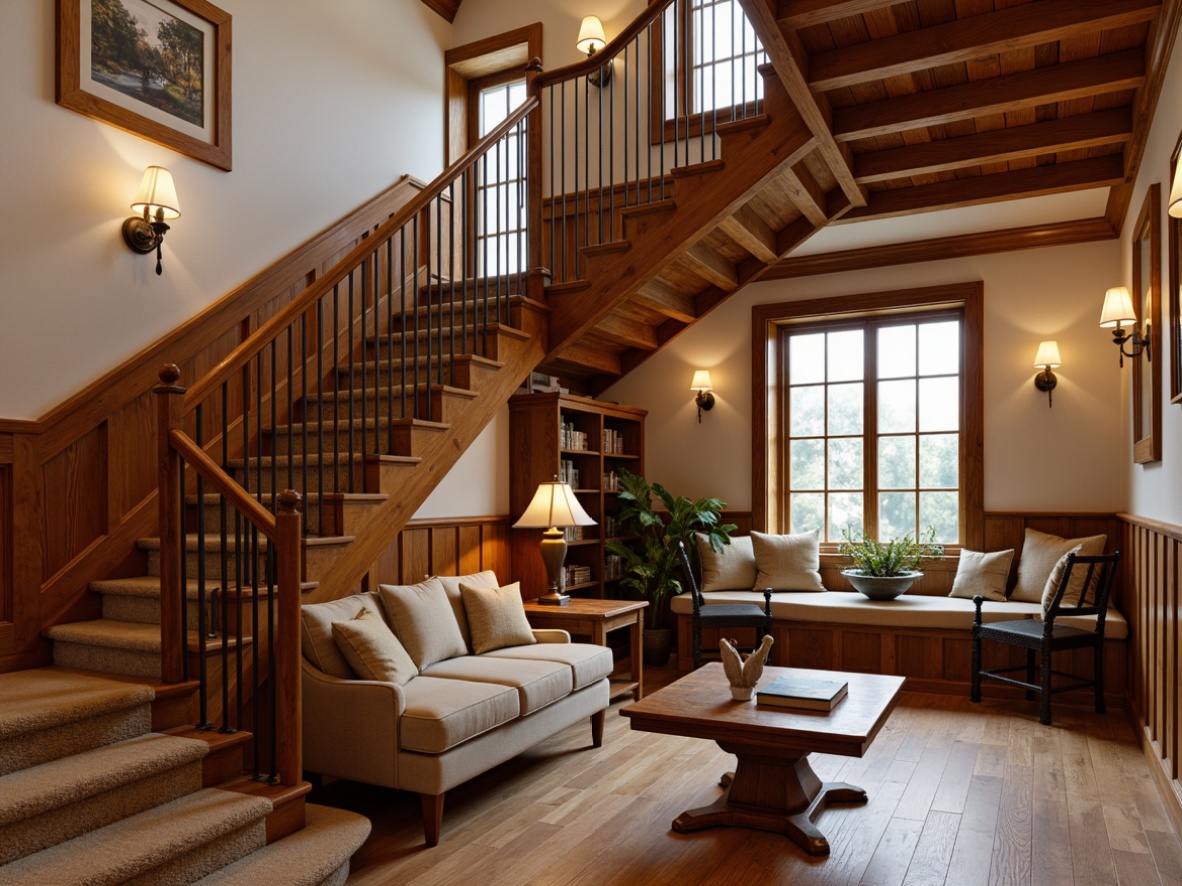 Prompt: Richly stained wooden handrails, ornate metal balusters, rustic wooden newel posts, warm beige carpeting, distressed wood flooring, natural stone landing, earthy tone wall colors, traditional lantern-style lighting, cozy reading nooks, comfortable upholstered benches, decorative trim moldings, classic pedestal tables, warm-toned hardwood floors, inviting window seats, soft diffused lighting, 1/1 composition, realistic textures, ambient occlusion.