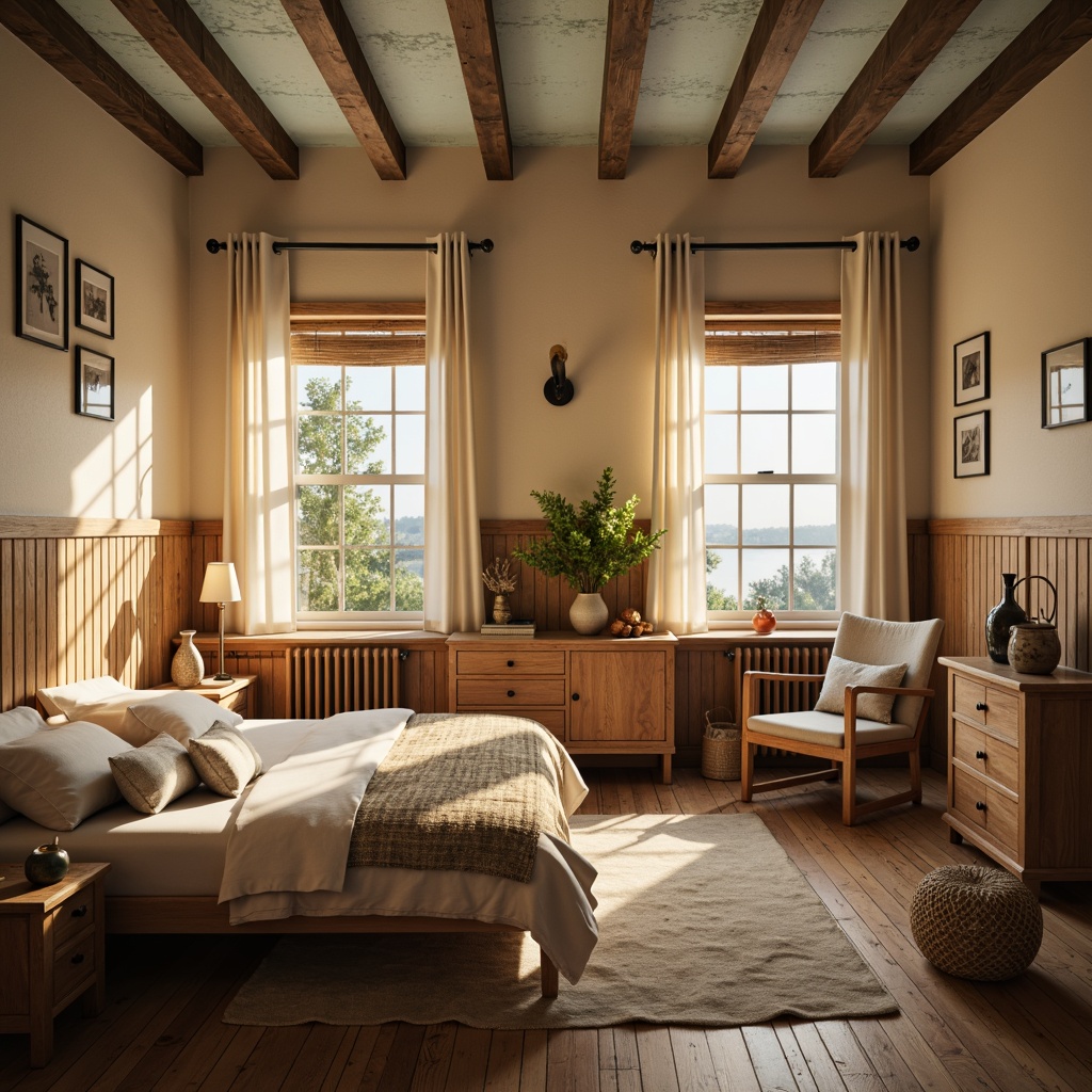 Prompt: Cozy dorm rooms, farmhouse style decor, warm beige walls, rustic wooden furniture, soft cream accents, vintage metal lamps, distressed wood textures, natural linen fabrics, earthy brown tones, sky blue ceilings, warm golden lighting, shallow depth of field, 1/1 composition, intimate atmosphere, realistic wood grains, ambient occlusion.