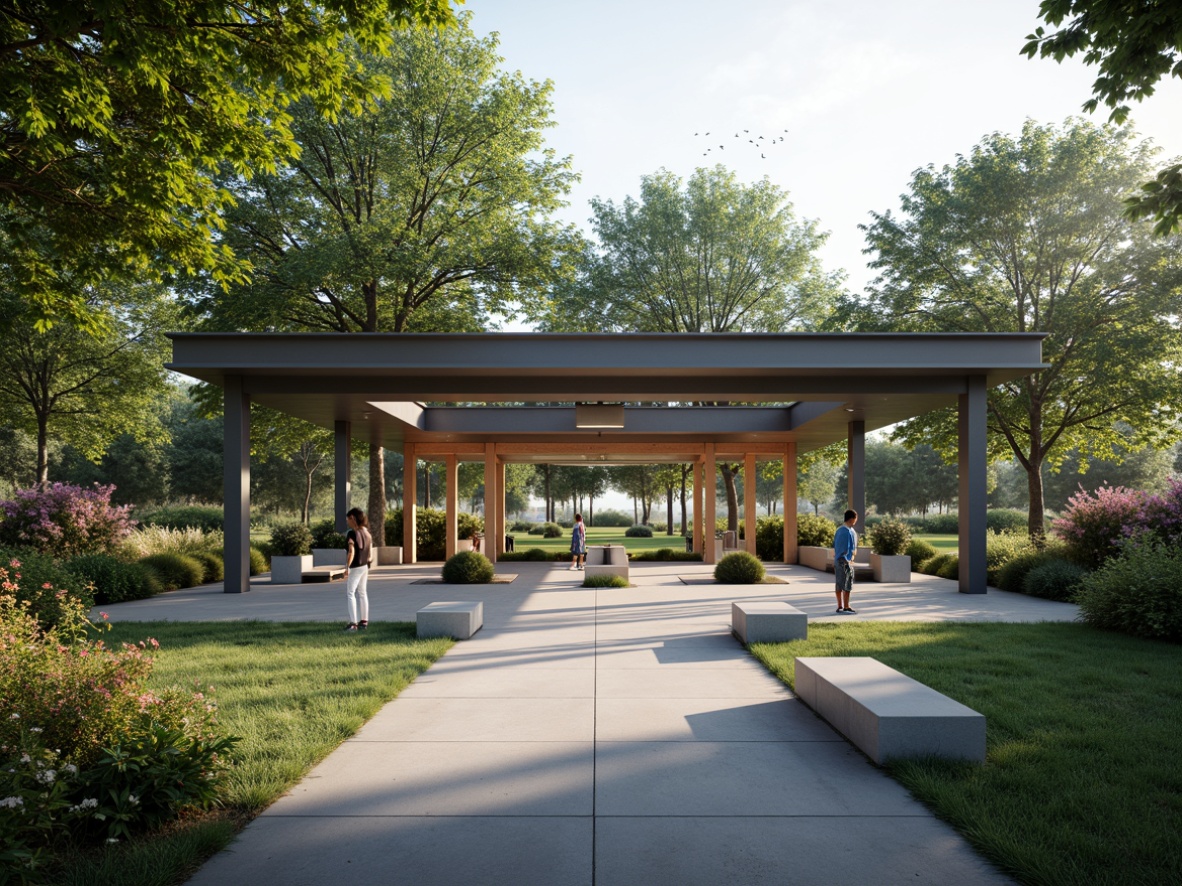 Prompt: Minimalist pavilion, open space concept, sleek metal framework, glass roof, natural light pouring in, lush greenery surroundings, vibrant flowers, modern benches, educational signs, subtle LED lighting, shallow depth of field, 3/4 composition, panoramic view, realistic textures, ambient occlusion, warm neutral color palette, simplicity emphasis, clean lines, minimal ornamentation, functional layout, efficient circulation path.