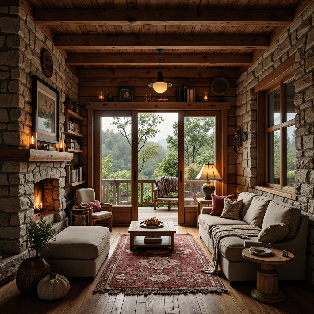 Prompt: Rustic cabin, wooden accents, natural stone walls, earthy color palette, distressed wood flooring, vintage furniture pieces, woven textiles, chunky throw blankets, candlelit ambiance, soft warm lighting, shallow depth of field, 1/1 composition, cozy nooks, plush area rugs, weathered metal decorations, reclaimed wood shelves, organic patterns, rough-hewn wooden beams, moss-covered outdoor spaces, misty morning light, ambient occlusion.