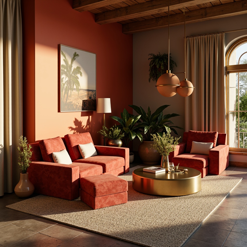 Prompt: Vibrant living room, bold accent walls, rich wooden furniture, plush velvet sofas, metallic gold decor, statement lighting fixtures, earthy terracotta pots, lush greenery, natural stone floors, warm beige curtains, soft cream carpets, calming ambiance, inviting atmosphere, 1/1 composition, high-contrast colors, dramatic shadows, warm golden hour lighting, realistic textures.