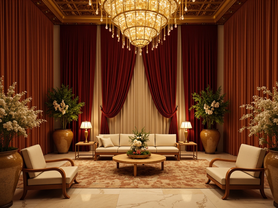 Prompt: Luxurious event space, velvet drapes, golden chandeliers, rich wood tones, soft warm lighting, elegant furniture, cream marble floors, lavish floral arrangements, champagne toasts, sophisticated ambiance, 1/1 composition, shallow depth of field, warm color scheme, earthy undertones, metallic accents, opulent textiles, intricate patterns.