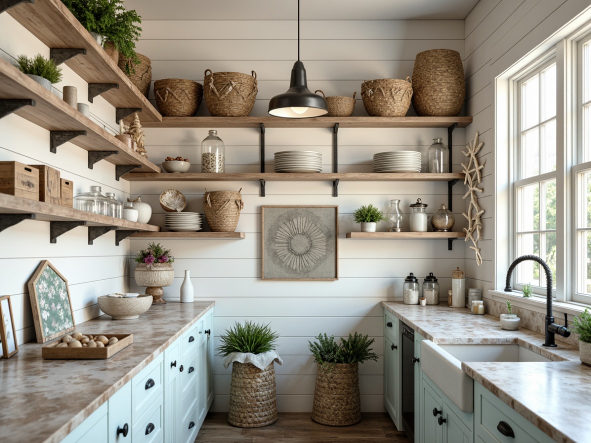 Prompt: Coastal pantry, beachy vibe, white shiplap walls, rustic wooden shelves, woven baskets, nautical ropes, glass jars, sea-salt scrubbed countertops, driftwood accents, ocean-inspired color palette, soft blue-green hues, natural textiles, woven fibers, distressed wood finishes, industrial metal lighting, pendant lamps, open shelving, decorative corbels, beach-themed accessories, starfish decorations, seashell wind chimes, airy openness, abundant natural light, warm sunny day, shallow depth of field, 1/2 composition, realistic textures.