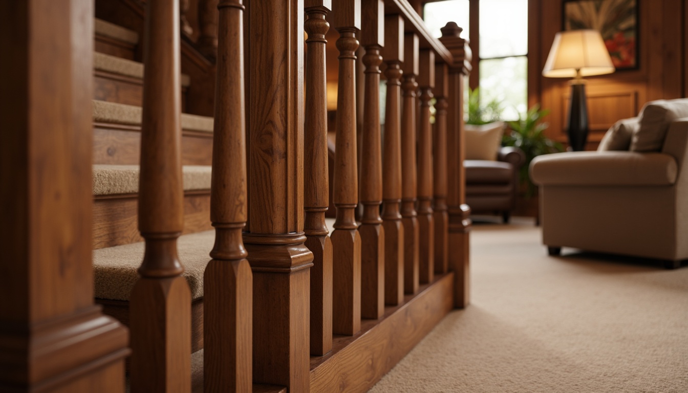 Prompt: Richly stained wooden banister, ornate newel posts, elegant handrail profiles, warm beige carpeting, classic wooden staircase design, sturdy oak wood treads, polished walnut railings, traditional craftsmanship, earthy color palette, natural textures, inviting living room setting, soft warm lighting, shallow depth of field, 2/3 composition, realistic wood grain details.