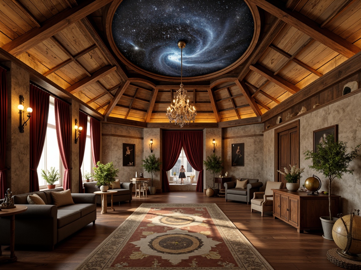 Prompt: Rustic planetarium interior, French country style chandeliers, celestial-inspired ceiling murals, starry night sky projections, soft warm lighting, wooden beam accents, distressed stone walls, vintage astronomy instruments, ornate metalwork, rich velvet drapes, classic globe displays, ancient astronomical maps, decorative planetary models, natural fiber textiles, earthy tone color palette, ambient occlusion, shallow depth of field, 3/4 composition, realistic textures.