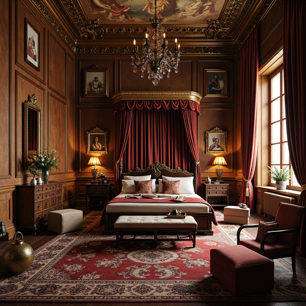 Prompt: Luxurious Renaissance-style apartment, rich wood tones, ornate carvings, velvet upholstery, golden accents, intricately patterned rugs, majestic four-poster bed, plush pillows, grandiose chandeliers, ornamental mirrors, hand-painted frescoes, carved wooden furniture, tufted ottomans, regal throne chairs, lavish drapery, heavy brocade fabrics, classical sculptures, warm candlelight, dramatic shadows, 1/2 composition, shallow depth of field, realistic textures.