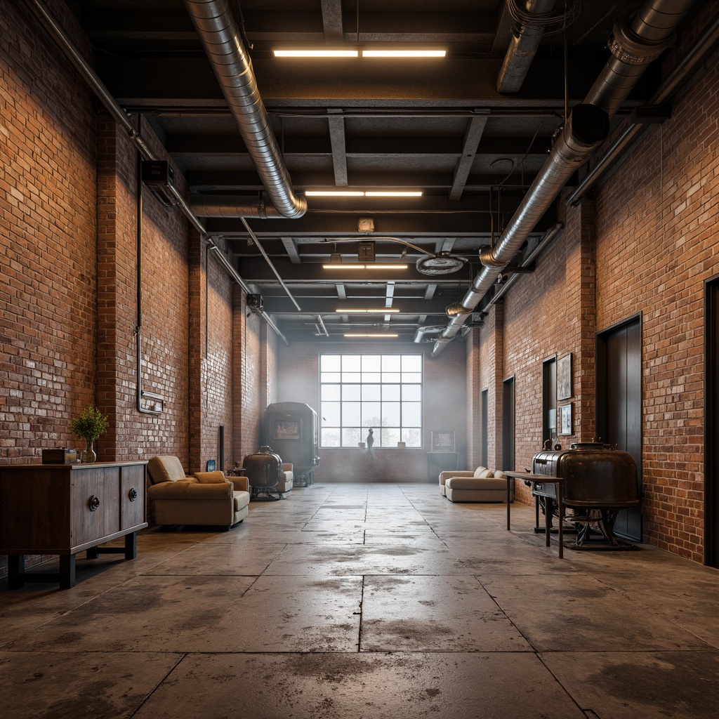 Prompt: Exposed brick walls, metal beams, reclaimed wood flooring, industrial-style lighting fixtures, urban loft atmosphere, distressed concrete textures, minimalist decor, functional pipes, mechanical equipment, utilitarian aesthetic, raw unfinished surfaces, modern warehouse ambiance, atmospheric mist, soft warm lighting, shallow depth of field, 1/1 composition, realistic reflections, ambient occlusion.