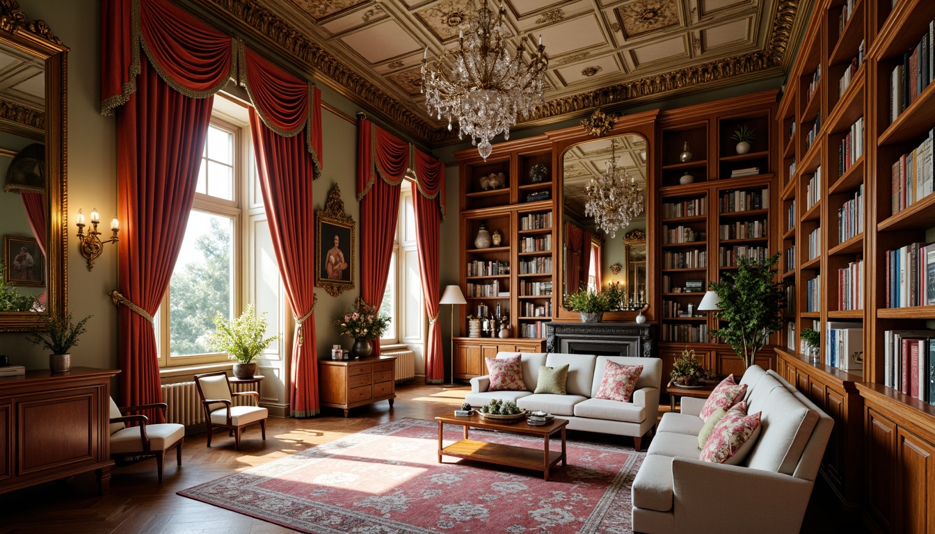 Prompt: Opulent library, rich velvet drapes, ornate gold frames, intricately carved wooden shelves, luxurious leather-bound books, gilded accents, crystal chandeliers, soft warm lighting, ornamental mirrors, lavish furnishings, curved lines, scalloped edges, floral patterns, pastel colors, tufted upholstery, cabriole legs, marble floors, intricate moldings, Renaissance-inspired designs.