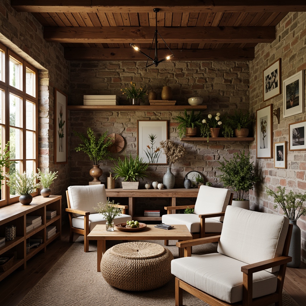 Prompt: Vintage farmhouse, distressed wood accents, rusty metal decor, natural stone walls, earthy color palette, reclaimed barn wood, wooden beams, exposed brick, pendant lanterns, woven textiles, linen upholstery, botanical prints, wildflower arrangements, soft warm lighting, shallow depth of field, 2/3 composition, intimate atmosphere, realistic textures.