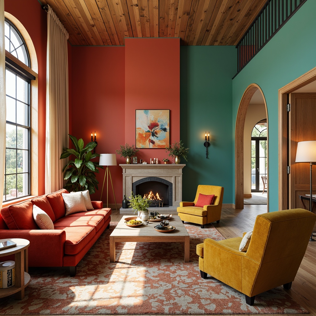 Prompt: Vibrant living room, bold accent walls, rich wood furniture, plush velvet sofas, golden metallic accents, soft cream carpets, natural stone fireplaces, dramatic floor lamps, eclectic artwork, abstract patterned rugs, warm beige curtains, sunlit windows, bright coral colors, deep teal tones, earthy terracotta hues, luxurious emerald greens, bold yellow accents, 1/1 composition, shallow depth of field, realistic textures, ambient occlusion.