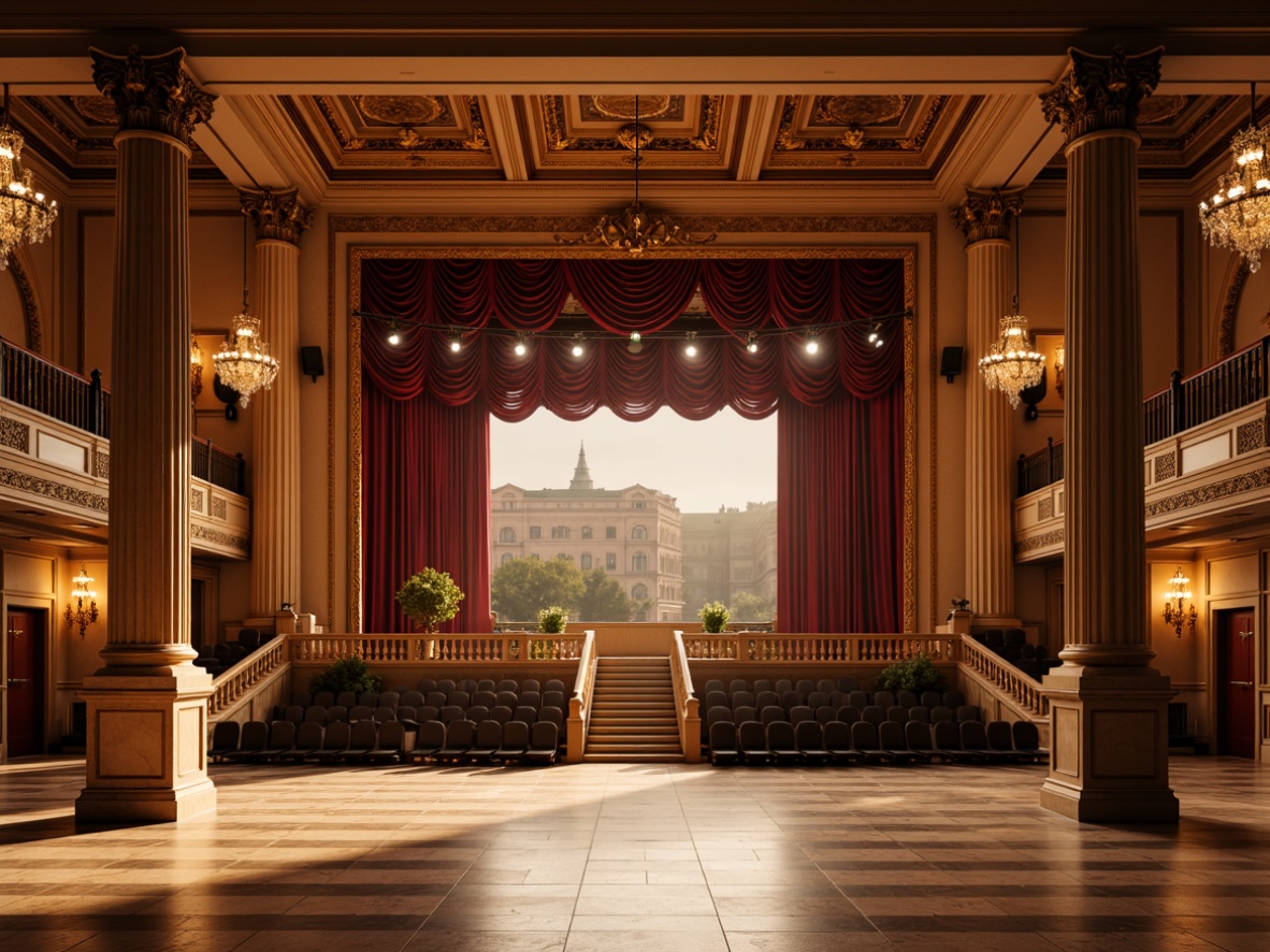 Prompt: Grandiose performing arts center, neoclassical columns, ornate capitals, marble floors, intricate moldings, symmetrical facade, grand staircase, red velvet curtains, gilded frames, crystal chandeliers, opulent drapery, majestic stage, spotlights, dramatic shadows, warm golden lighting, shallow depth of field, 2/3 composition, frontal view, highly detailed textures, ambient occlusion.