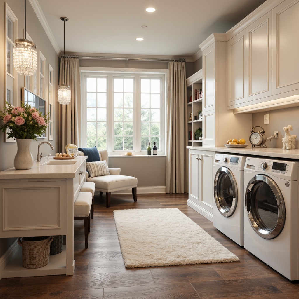 Prompt: Sophisticated laundry room, marble countertops, soft white cabinets, warm beige walls, rich walnut flooring, crystal chandeliers, elegant chrome fixtures, plush area rugs, modern washer and dryer, gleaming stainless steel appliances, subtle LED lighting, calming pastel colors, creamy whites, soothing blues, gentle grays, natural stone accents, luxurious fabrics, velvety soft textures, minimalist decor, serene atmosphere, 1/1 composition, shallow depth of field, warm softbox lighting.