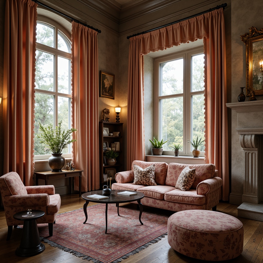 Prompt: Distressed velvet fabrics, soft peach hues, faded floral patterns, vintage lace trimmings, rustic wooden furniture, worn leather accents, antique metal hardware, ornate mirrors, warm candlelight, soft focus, shallow depth of field, 1/2 composition, cozy reading nooks, plush area rugs, natural stone fireplaces, elegant drapery, subtle texture overlays.