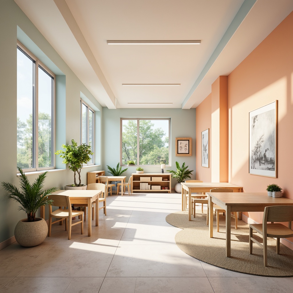 Prompt: Vibrant educational setting, calming pastel hues, soft peach tones, creamy whites, gentle blues, muted greens, natural wood accents, minimalist furniture, ample sunlight, warm LED lighting, subtle texture overlays, 1/2 composition, symmetrical balance, soft focus, atmospheric misting.