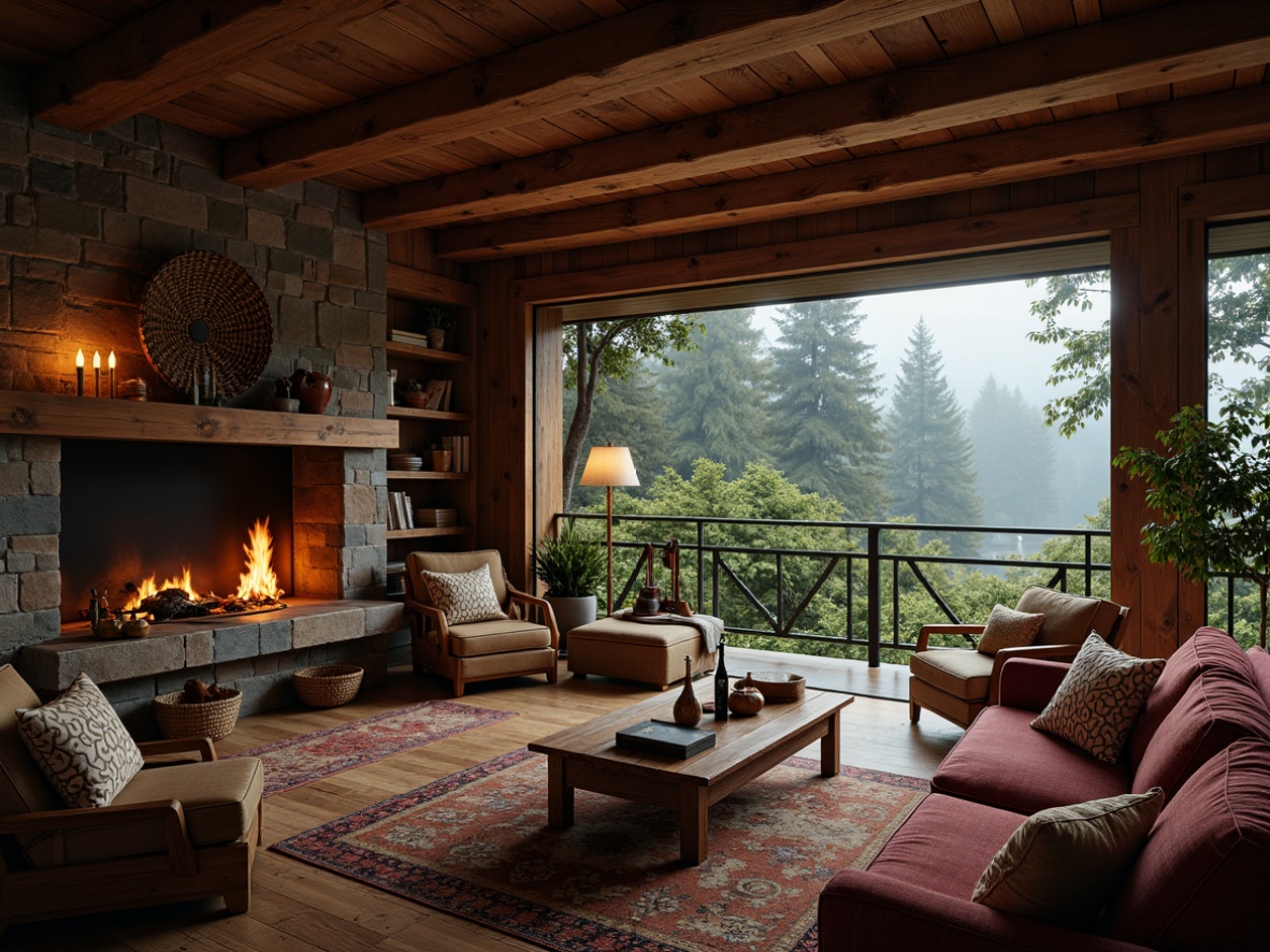 Prompt: Rustic cabin, wooden beams, stone fireplace, plush furnishings, woven baskets, vintage decor, earthy tones, natural textures, reclaimed wood walls, cozy reading nook, soft warm lighting, candlelit ambiance, panoramic forest view, misty morning atmosphere, shallow depth of field, 1/1 composition, realistic rendering.