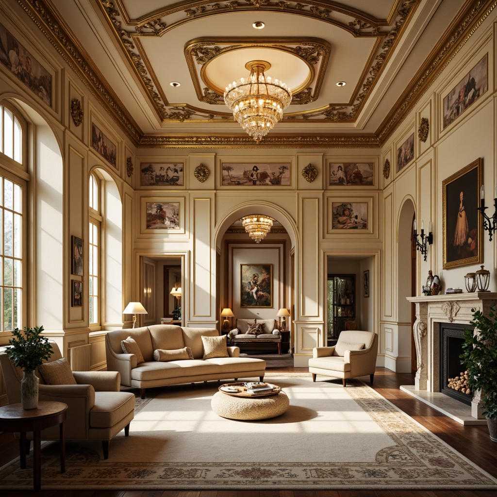 Prompt: Luxurious interior, ornate moldings, intricate carvings, golden accents, rich wood tones, elegant furnishings, refined details, sophisticated textures, subtle lighting, cream-colored walls, velvety soft carpets, lavish chandeliers, opulent fabrics, classic architectural styles, Victorian-era influences, grandiose ceilings, highly polished surfaces, subtle sheen, 1/2 composition, warm atmospheric lighting, realistic renderings.