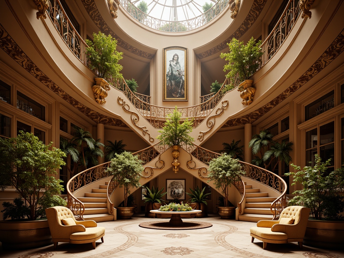 Prompt: Intricate ornate details, flowing curved lines, organic forms, botanical motifs, sinuous shapes, luxurious materials, velvety soft textures, metallic accents, opulent furnishings, grand staircases, ornamental railings, lavish decorations, exquisite craftsmanship, natural light pouring in, warm golden lighting, shallow depth of field, 1/1 composition, realistic render, subtle ambient occlusion.