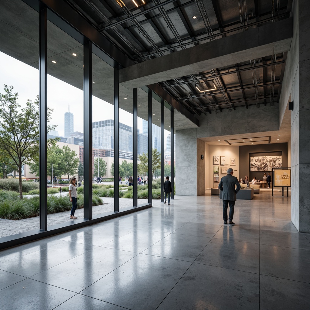 Prompt: Monochromatic exhibition hall, sleek glass facade, minimalist architecture, polished concrete floors, sparse greenery, bold color accents, geometric lighting fixtures, industrial metal beams, modern art installations, neutral tone walls, subtle texture contrasts, soft ambient lighting, shallow depth of field, 1/2 composition, realistic renderings, subtle reflections.