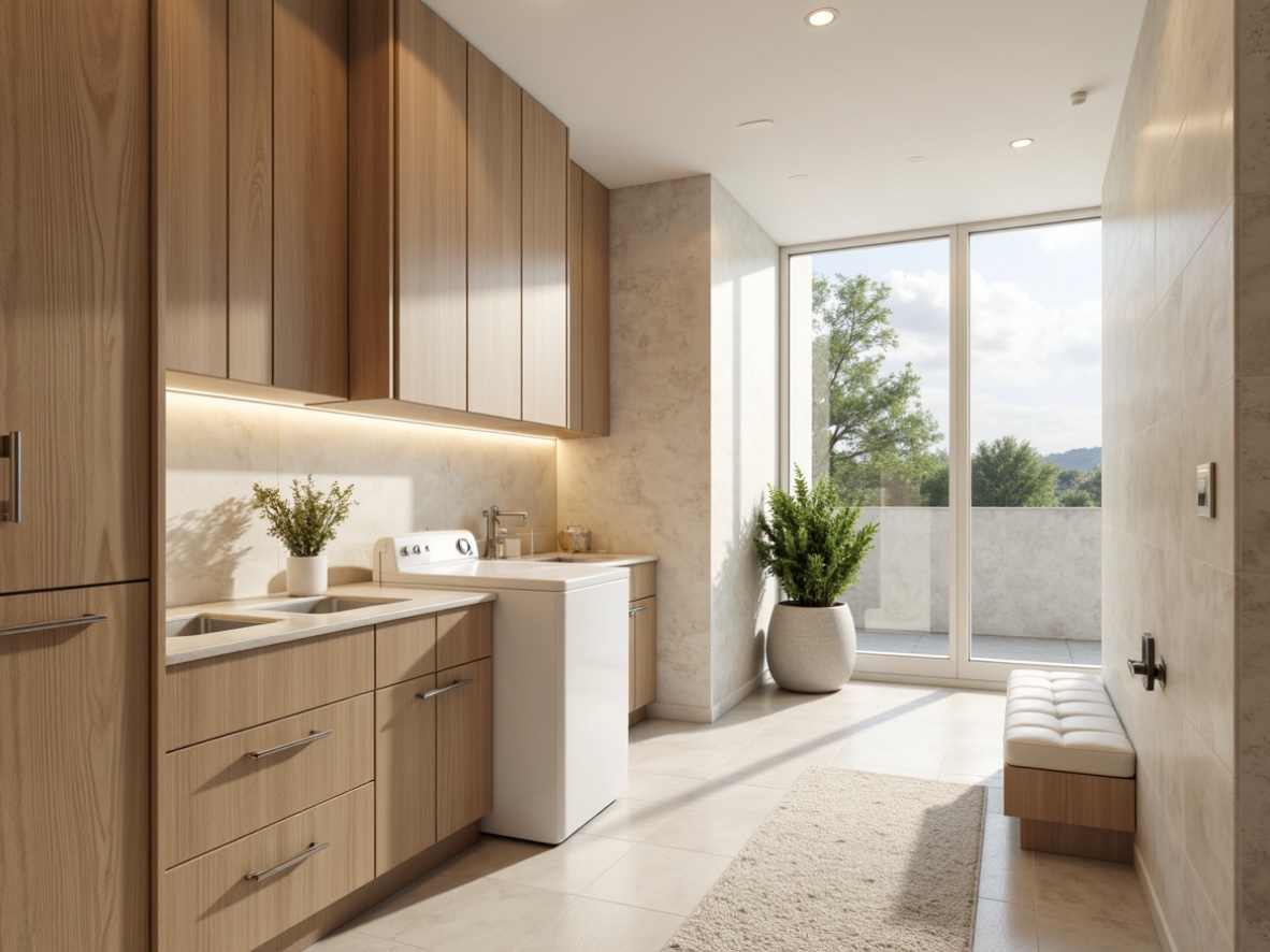 Prompt: Elegant laundry room, soft cream walls, rich wood cabinetry, polished chrome fixtures, gleaming marble countertops, plush area rugs, calming pastel hues, creamy whites, warm beige tones, subtle silver accents, ambient warm lighting, shallow depth of field, 1/2 composition, realistic textures, soft focus blur.