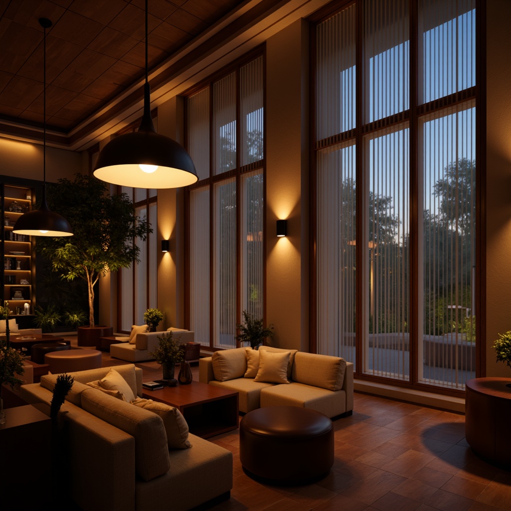 Prompt: Cozy ambient lighting, warm glow, soft shadows, elegant chandeliers, modern pendant lamps, floor-to-ceiling windows, natural daylight, sheer curtains, reflective surfaces, warm-toned wood accents, minimalist lamp designs, subtle color temperatures, dramatic spotlights, layered lighting effects, atmospheric mood, intimate setting, relaxing ambiance.