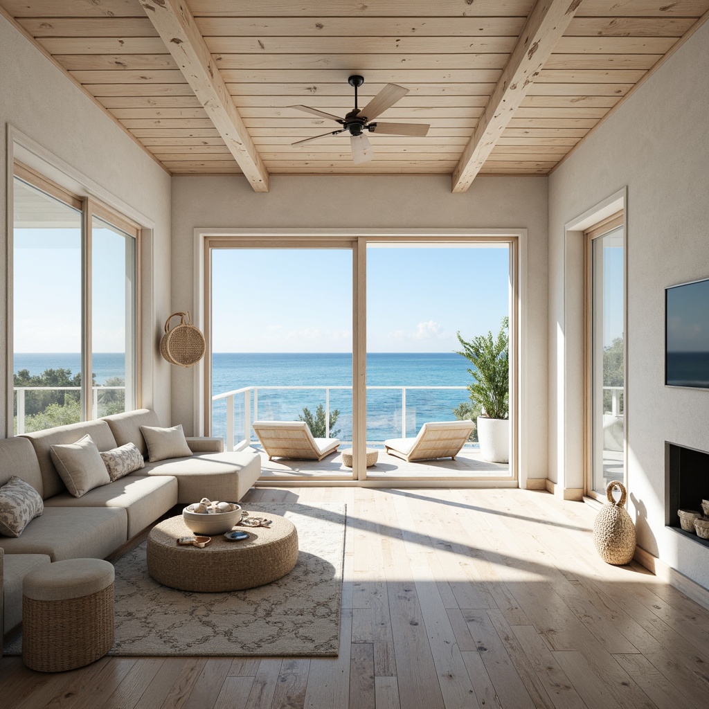 Prompt: Coastal style villa, large windows, sliding glass doors, ocean views, natural light pouring in, airy open spaces, whitewashed walls, wooden flooring, beachy textures, driftwood accents, nautical ropes, shells decorations, coral patterns, soft pastel colors, calming atmosphere, bright sunny day, gentle sea breeze, shallow depth of field, 1/1 composition, realistic rendering, ambient occlusion.