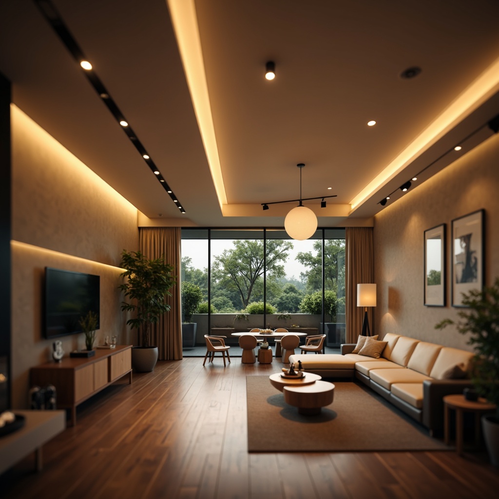 Prompt: Modern living room, warm ambient lighting, recessed ceiling lights, pendant lamps, floor-to-ceiling windows, natural daylight, soft warm glow, cozy atmosphere, minimalist design, sleek metal fixtures, matte black finishes, frosted glass shades, warm beige walls, comfortable seating areas, greenery accents, subtle color palette, shallow depth of field, 1/1 composition, realistic textures.