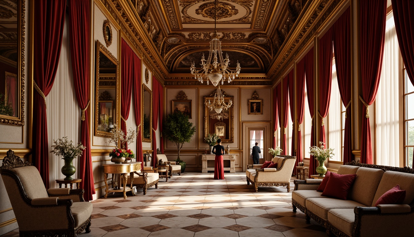 Prompt: Elegant Renaissance-style palace, ornate furnishings, rich velvet drapes, intricately carved wooden chairs, gilded mirrors, marble floors, classical sculptures, grand chandeliers, luxurious fabrics, regal color palette, warm golden lighting, shallow depth of field, 1/1 composition, symmetrical arrangement, opulent textures, subtle ambient occlusion.